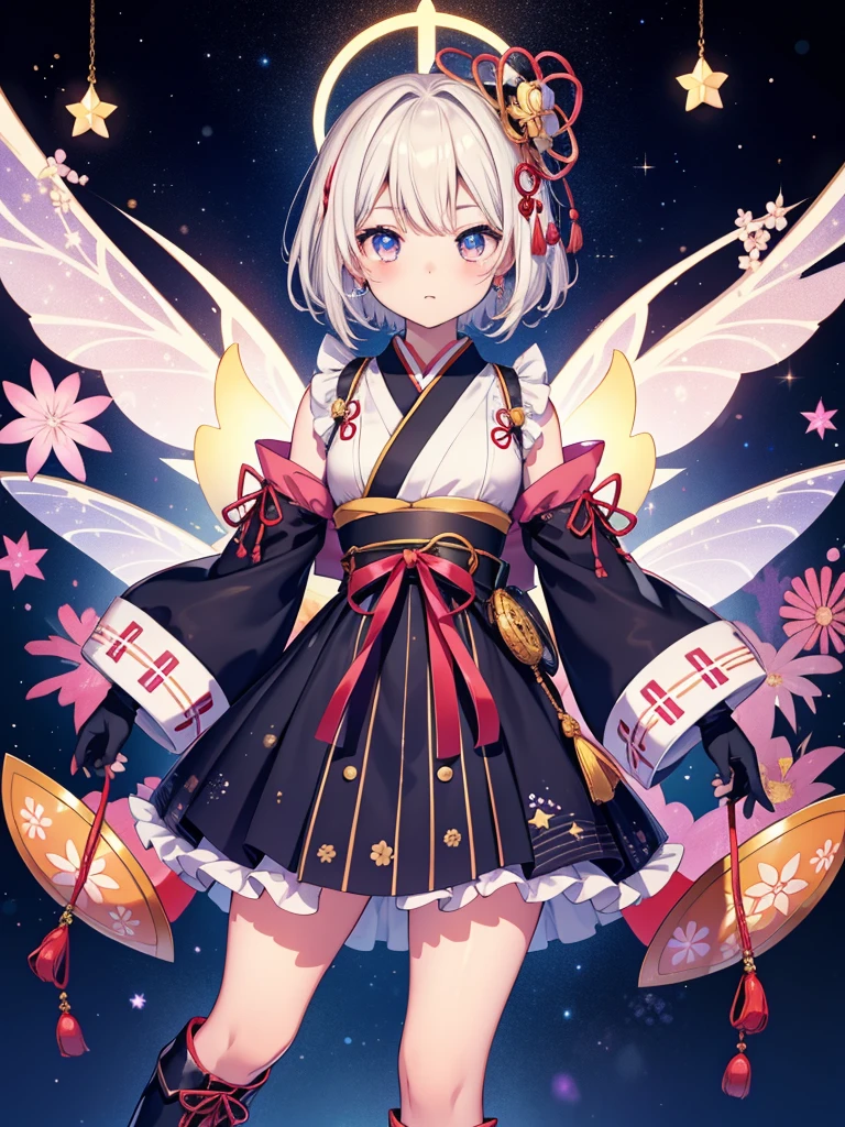 1girl、vtuber-fullbody、Star Fairy、masterpiece、official art、Super detailed、super beautiful、かわいいStar Fairy、white straight short hair、Milky Way、universe、star charm、star、baby face、Knee-high boots、Japanese pattern dress、A beautiful girl wearing black and white clothes that are a remake of a yukata.、universeを思わせるOiranフリルドレス、Oiran