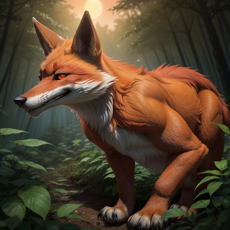 一隻毛皮有紫色部分的狐狸, (一隻有紅色毛皮部分的狐狸),

這隻狐狸光滑敏捷的身體裝飾著鮮豔的紅色皮毛, 與整體紅棕色外套完美融合. 太陽在它身後落下, 在森林地面投下長長的影子, 讓該區域沐浴在柔和的橙色光芒中. 狐狸歪著頭, 圓圓的臉被尖尖的耳朵和迷人的琥珀色眼睛所包圍. 其明亮, 彎曲的鼻子輕微抽動, 感知附近獵物的氣味. 森林裡充滿了蟋蟀的叫聲和樹葉的沙沙聲, 正如這優雅而