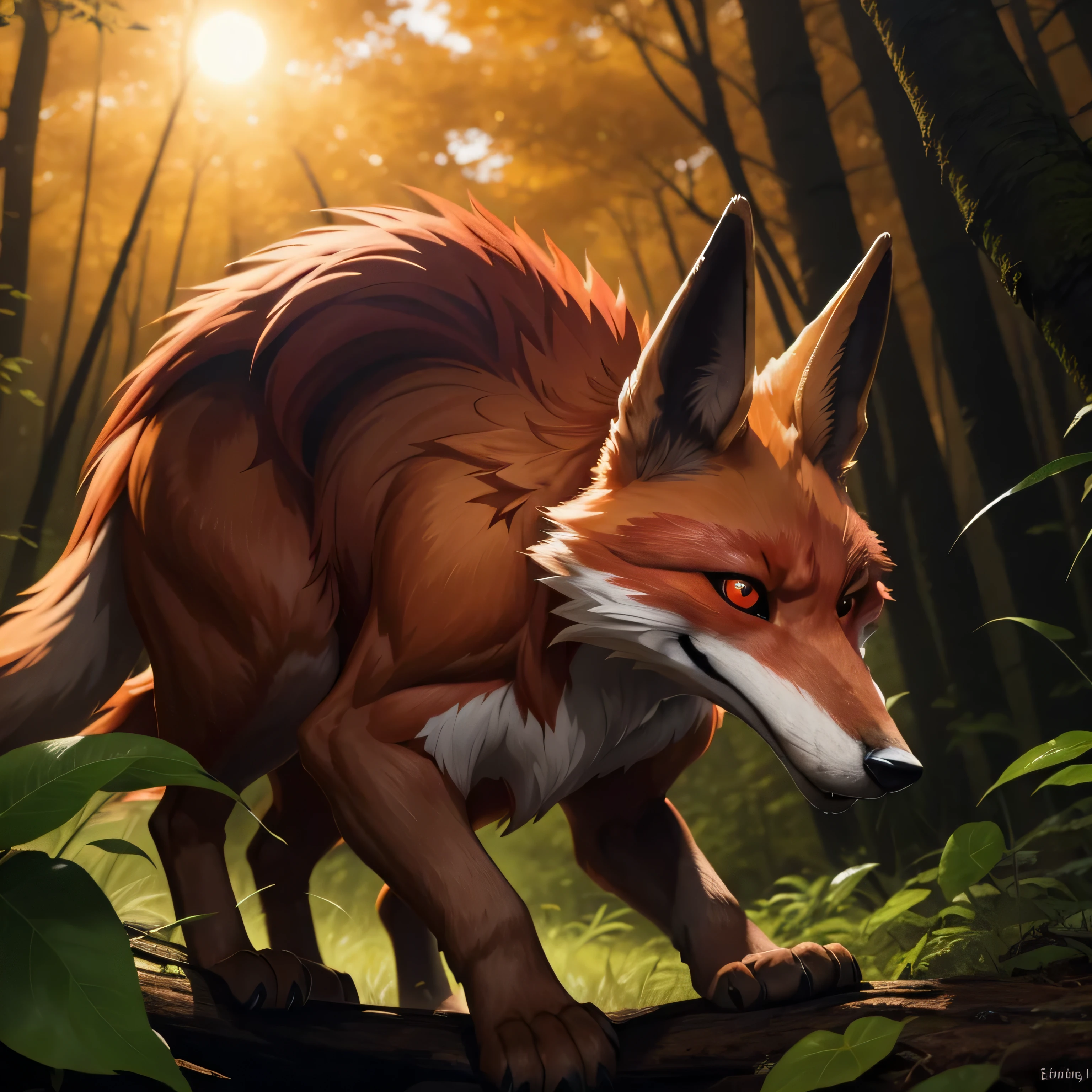Un zorro con partes del pelaje morados, (A fox with red-colored fur parts),

This fox's sleek and agile body is adorned with patches of vibrant red fur, blending seamlessly with its overall reddish-brown coat. The sun sets behind it, casting long shadows across the forest floor, leaving the area bathed in a soft orange glow. The fox tilts its head, its round face framed by pointed ears and captivating amber eyes. Its bright, curved snout twitches slightly, sensing the scent of prey nearby. The forest comes alive with the sounds of crickets and rustling leaves, as this elegant and
