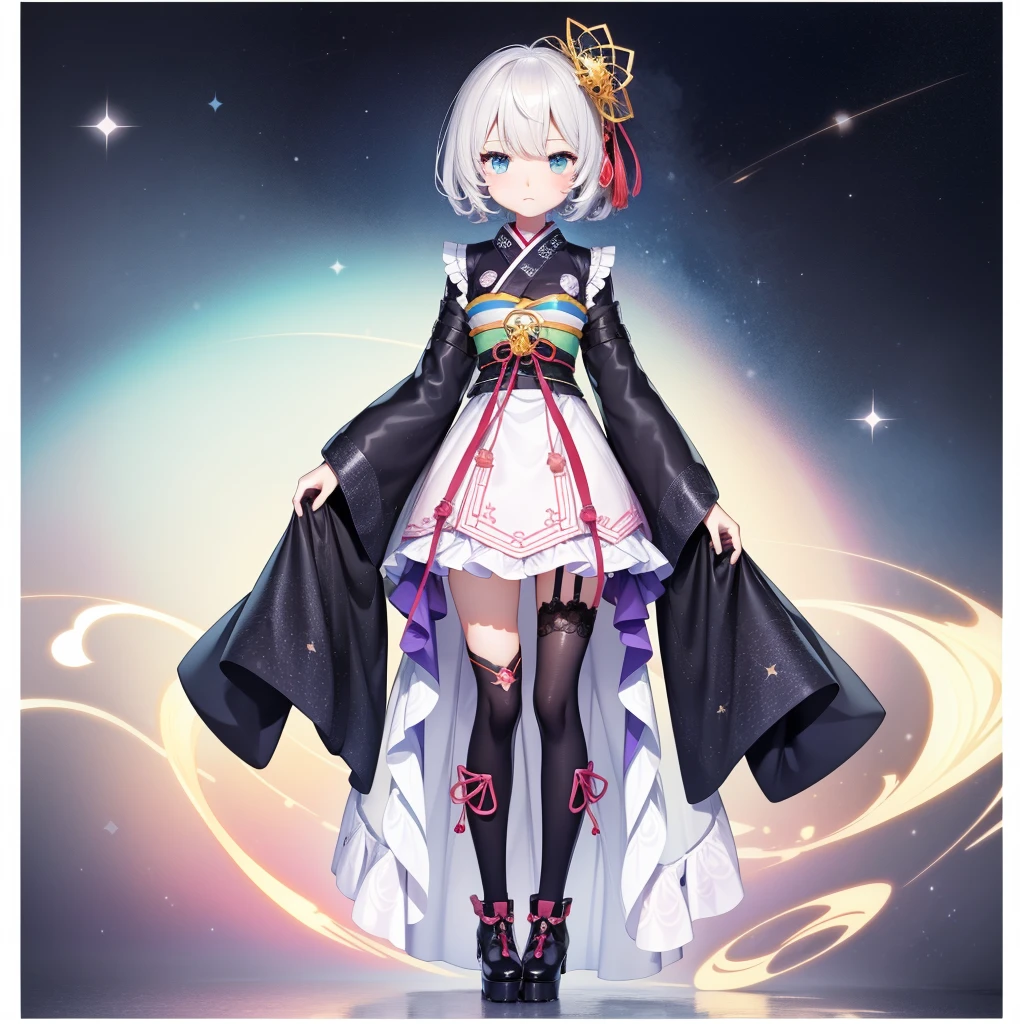 1girl、vtuber-fullbody、Star Fairy、masterpiece、official art、Super detailed、super beautiful、かわいいStar Fairy、white straight short hair、Milky Way、universe、star charm、star、baby face、Knee-high boots、Japanese pattern dress、A beautiful girl wearing black and white clothes that are a remake of a yukata.、universeを思わせるOiranフリルドレス、Oiran、simple background、The background is Midori、