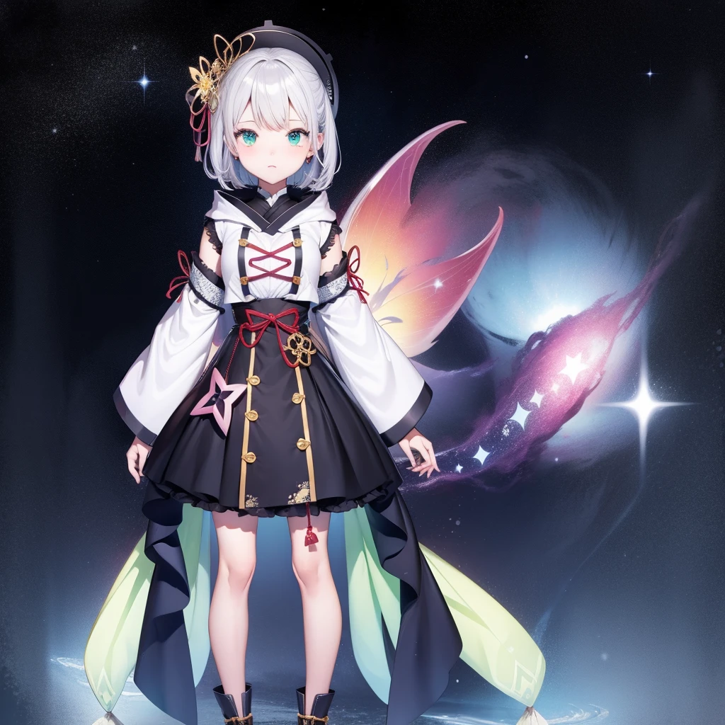 1girl、vtuber-fullbody、Star Fairy、masterpiece、official art、Super detailed、super beautiful、かわいいStar Fairy、white straight short hair、Milky Way、universe、star charm、star、baby face、Knee-high boots、Japanese pattern dress、A beautiful girl wearing black and white clothes that are a remake of a yukata.、universeを思わせるOiranフリルドレス、Oiran、simple background、green background、