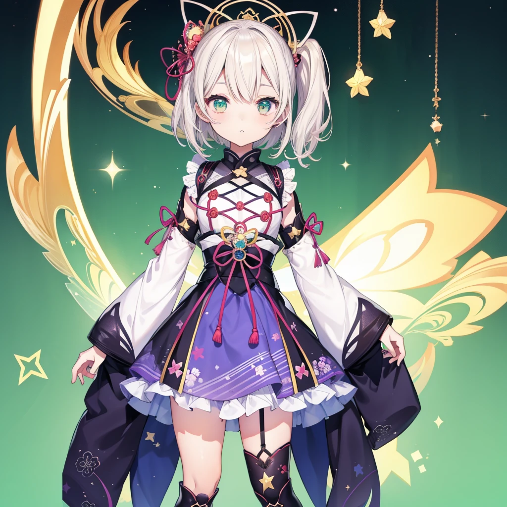 1 chica、vtuber-fullbody、Hada estrella、obra maestra、arte oficial、Súper detallado、Super hermosa、かわいいHada estrella、pelo corto liso blanco、vía Láctea、universo、estrella charm、estrella、cara de bebe、Botas hasta las rodillas、vestido de patrón japonés、Una hermosa chica vestida con ropa blanca y negra que es una nueva versión de un yukata..、universoを思わせるOiranフリルドレス、Oiran、fondo sencillo、fondo verde、