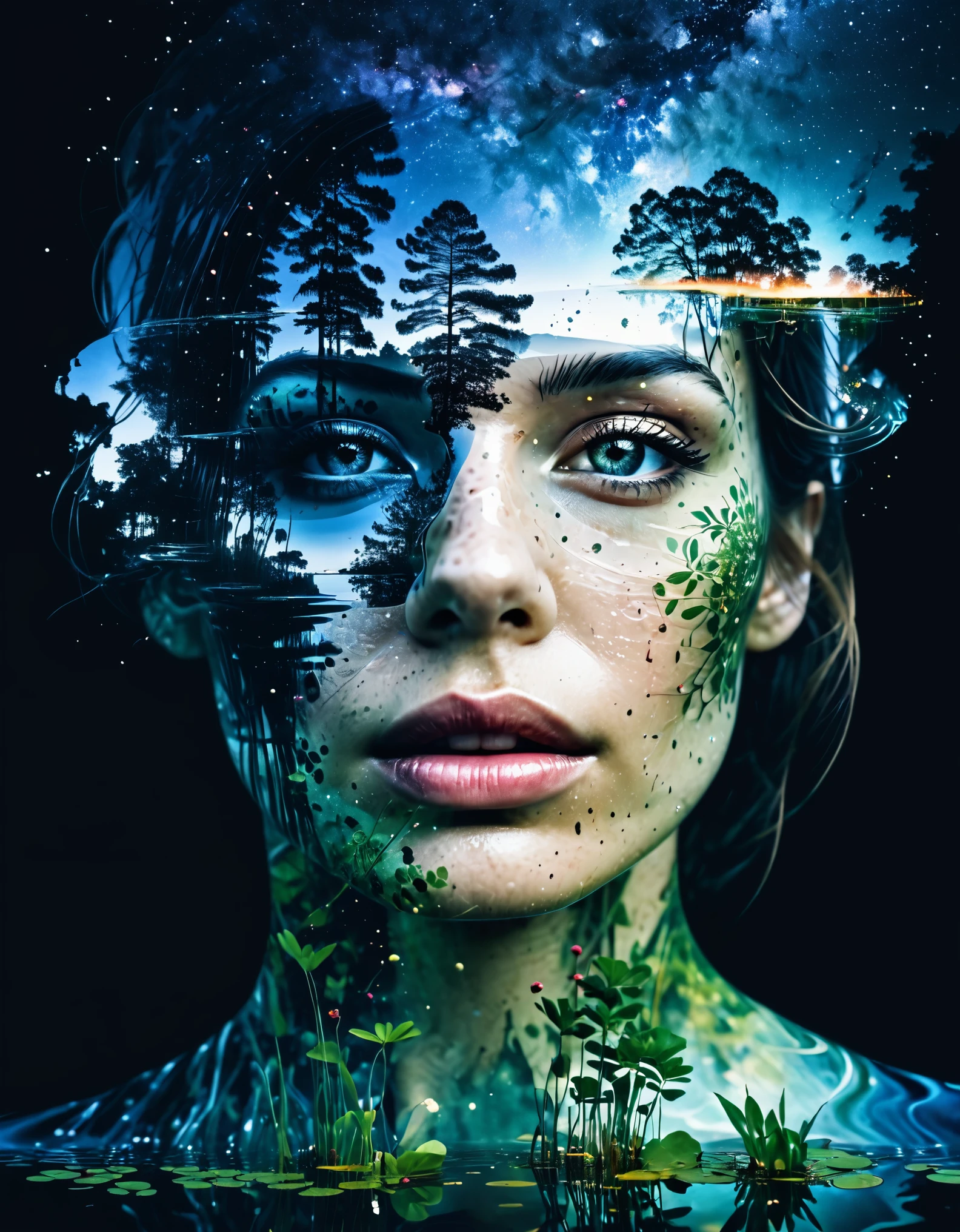 (二重曝露:1.3), 池に重ねられた女性の顔の効果,  超詳細，銀河