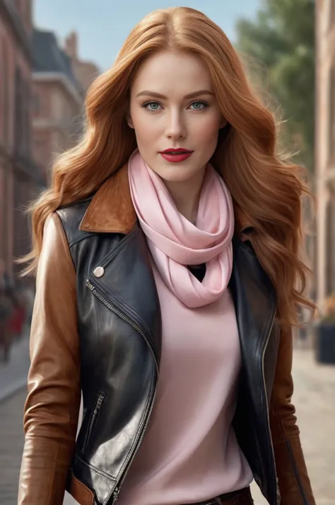 A close-up portrait of a gorgeous, beautiful, stunning russian woman wearing a classy outfit: a leather jacket, a pastel pink bl...