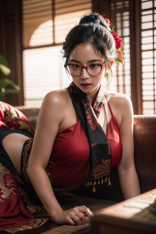 cinematic silhouette of an Indonesian girl wearing glasses and sweating while lying in the living room behind which there is a camera and shooting equipment, facing the camera wearing authentic and sexy Balinese traditional clothing, the top is slightly open and there is an aesthetic red and black scarf. the photos are very detailed