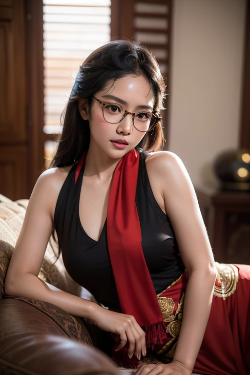 cinematic silhouette of an Indonesian girl wearing glasses and sweating while lying in the living room behind which there is a camera and shooting equipment, facing the camera wearing authentic and sexy Balinese traditional clothing, the top is slightly open and there is an aesthetic red and black scarf. the photos are very detailed