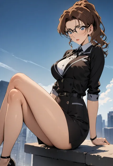 Secretary outfit，sexy beauty ,，A woman sitting on a ledge，legs crossed，With sky background,，brown hair，wearing glasses，highest q...