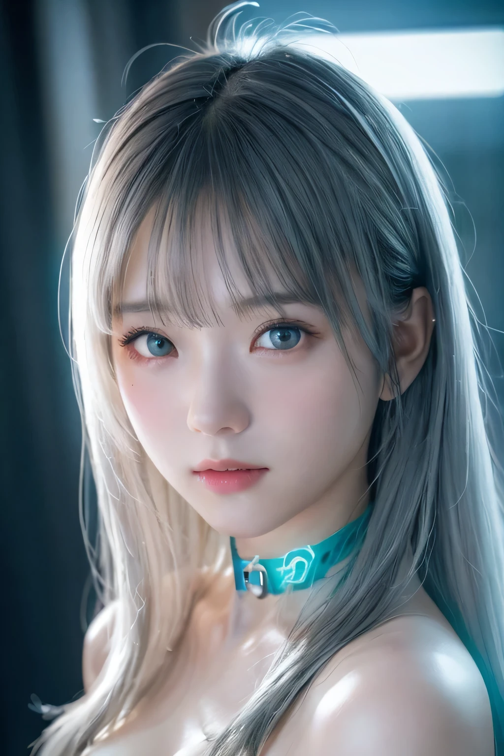 highest quality、8K masterpiece、超A high resolution、(Photoreal:1.3)、Raw photo、1 girl、silvery hair、glowing skin、1 Cyberpunk Super Beautiful Soldier、((Ultra realistic details))、Portrait、global illumination、Shadow、octane rendering、8K、super sharp、、、Metal、cold color、、very intricate details、realistic light、CGSoation trend beautiful eyes、Eyes shining towards the camera、neon details、12 year old girl、Shining turquoise eyes、、turned into slime、flat body、choker