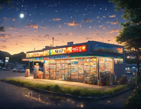 Countryside landscape photography,late night,field,Convenience store in the center:famima, konbini, scenery, storefront,,Gentle ...