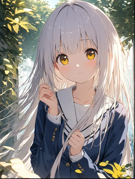 8K resolution、((highest quality))、((masterpiece))、((super detailed))、(very delicate and beautiful)、 Angel Beats!、Ritsuka Kanade、white long hair、straight hair、yellow eyes、clear eyes、blazer、Angel、Angelの羽、cute、Beautiful atmosphere、Beautiful atmosphere、whole b...
