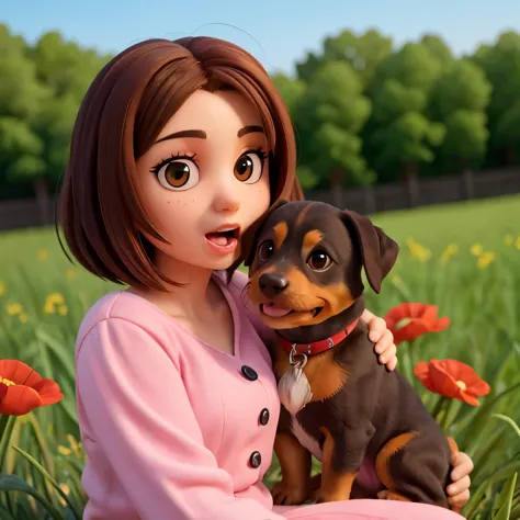 Sitting in the grass, Dachshund puppy, cute puppy、Disney Pixar style, pet animals, charming, mouth open、portrait of a dachshund,...