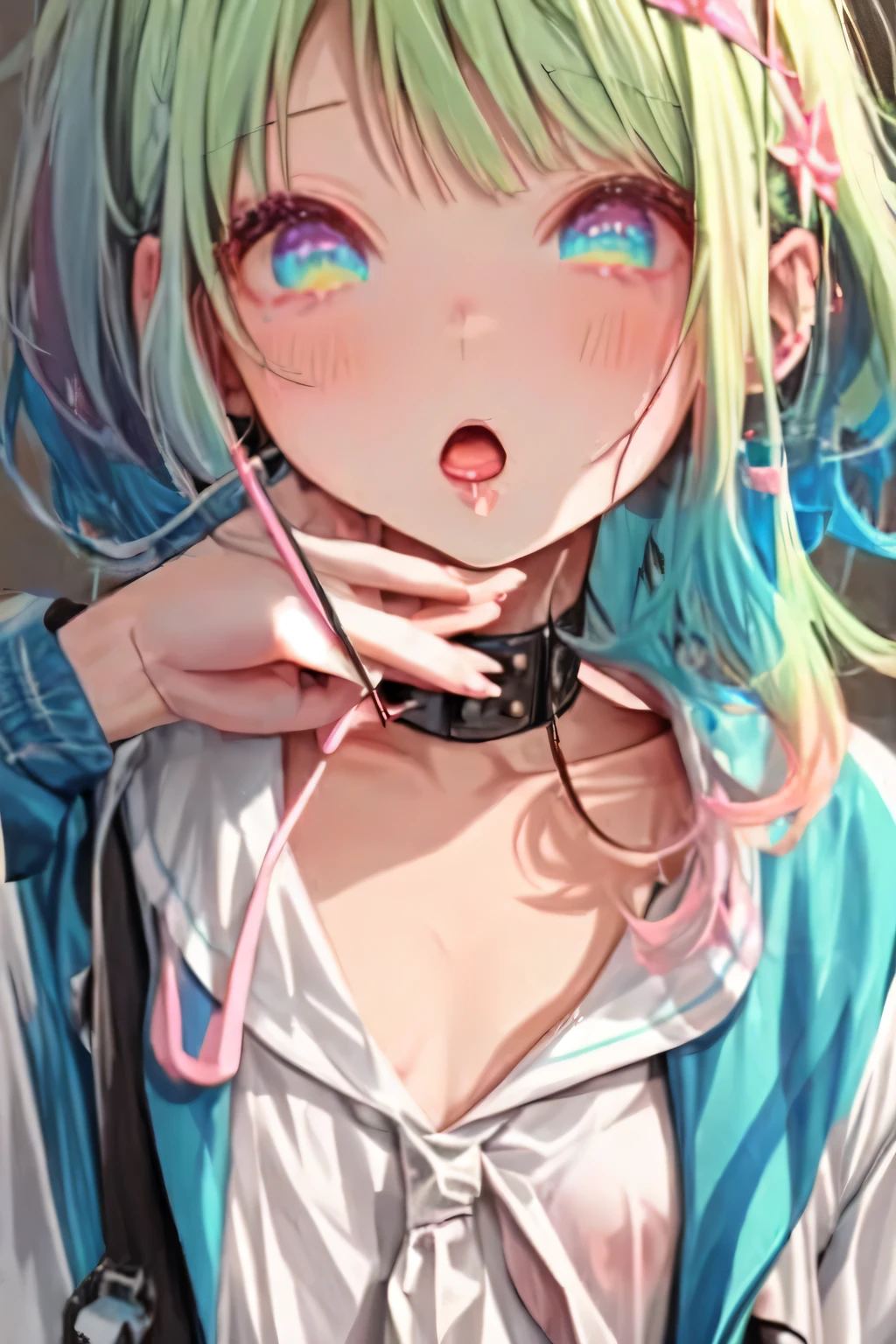 Anime girl with blue hair and green eyes with a backpack - SeaArt AI