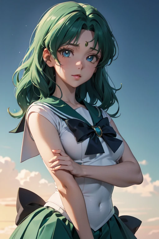 (sailor neptune, mature woman, small breasts, aqua eyes, dark green hair, medium hair)、1 girl, , Uhd, retina, masterpiece, Accurate, anatomically correct, rough skin, Super detailed, advanced details, high quality, Award history, 最high quality, High resolution, hd, 4k,(anime,8K,masterpiece, 最high quality, 最high quality,beautiful and aesthetic:1.2,professional illustration:1.1,Super detailed:1.3,perfect lighting),very detailed,most detailed,incredibly absurd,High resolution,Super detaileded,Complex:1.6, cute pose