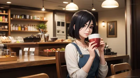 original photo, best quality), 1 woman with short black hair, izumi nase, natural lighting, upper body, cafes, smile, satosh kha...