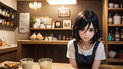 original photo, best quality), 1 woman with short black hair, izumi nase, natural lighting, upper body, cafes, smile, satosh kha...