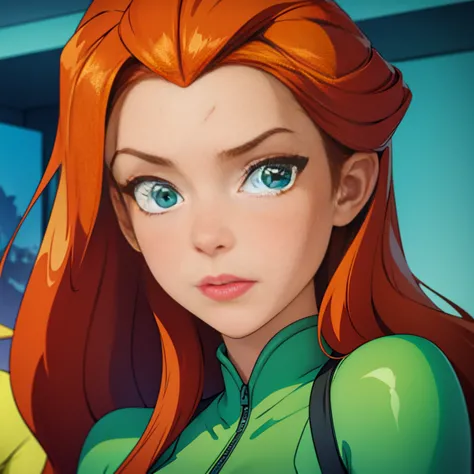 (masterpiece, best quality), face portrait of sam \(totally spies\), orange hair, long hair, green eyes, green body suit, expres...