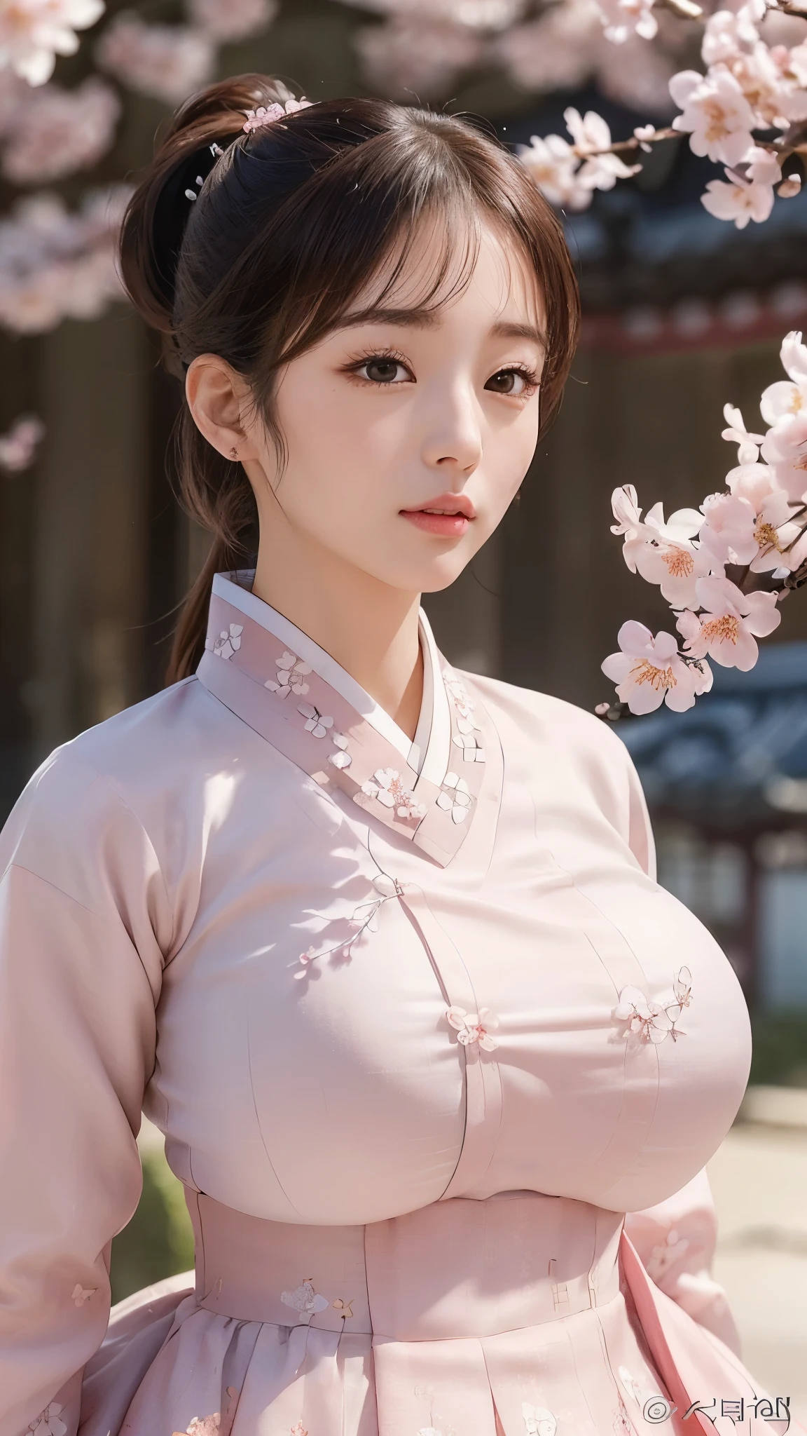 (best quality, 8k, masterpiece: 1.3), ((((((extremely giant breasts: 0.8))))), single ponytail, (beautiful face:1.3), Cherry blossoms are in full bloom, full of cherry blossoms, Floating cherry petals, Gorgeous, authentic Korean hanbok