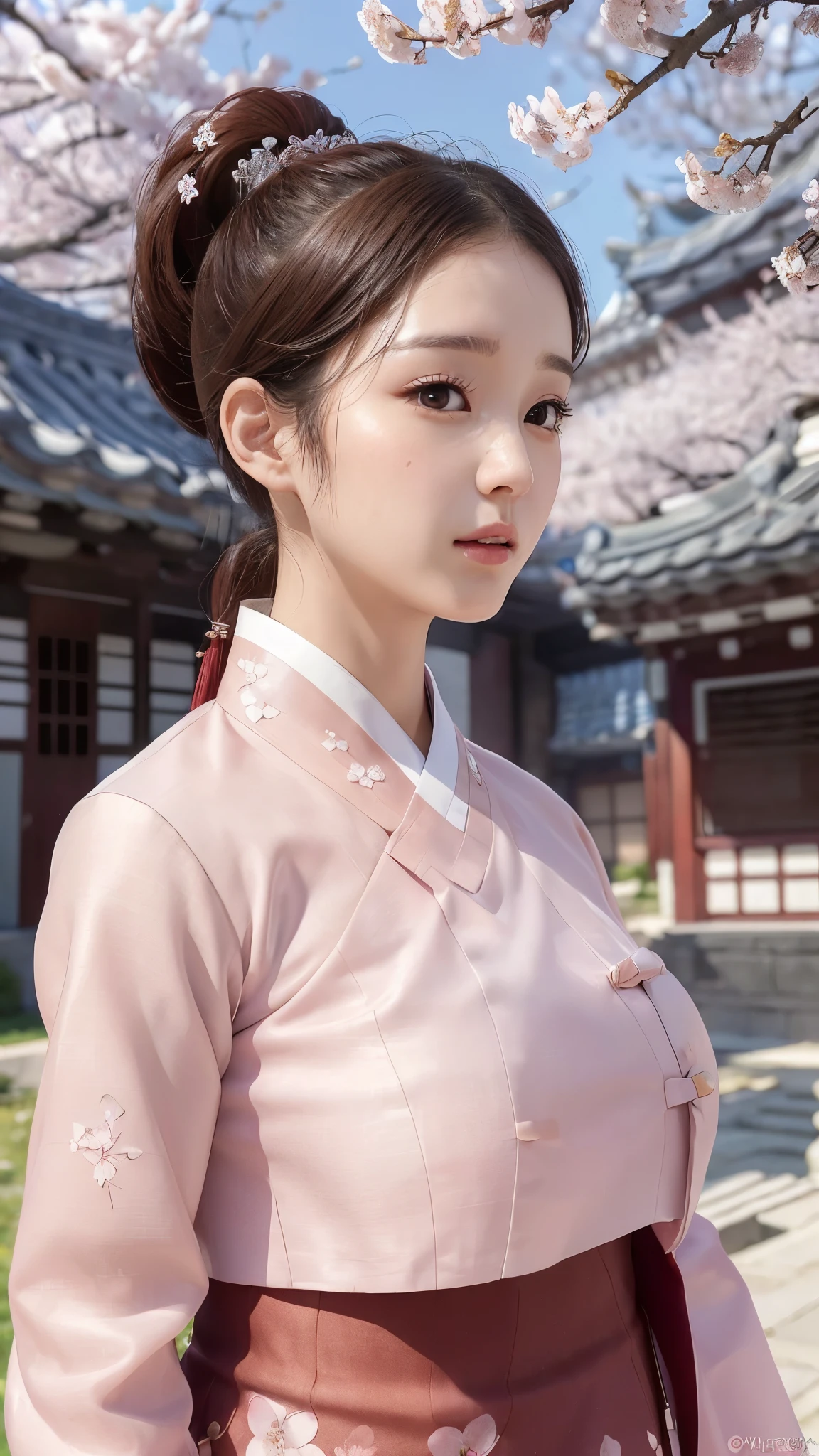 (best quality, 8k, masterpiece: 1.3), ((((((extremely giant breasts: 0.8))))), single ponytail, (beautiful face:1.3), Cherry blossoms are in full bloom, full of cherry blossoms, Floating cherry petals, Gorgeous, authentic Korean hanbok