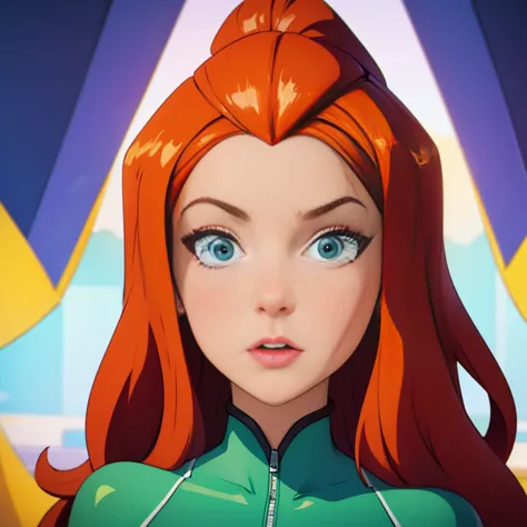 (masterpiece, best quality), face portrait of sam \(totally spies\), orange hair, long hair, green eyes, green body suit, lookin...