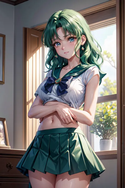 (sailor neptune, mature woman, small breasts, aqua eyes, dark green hair, medium hair)、(to lift up one’s skirt:1.3),(own hugging...