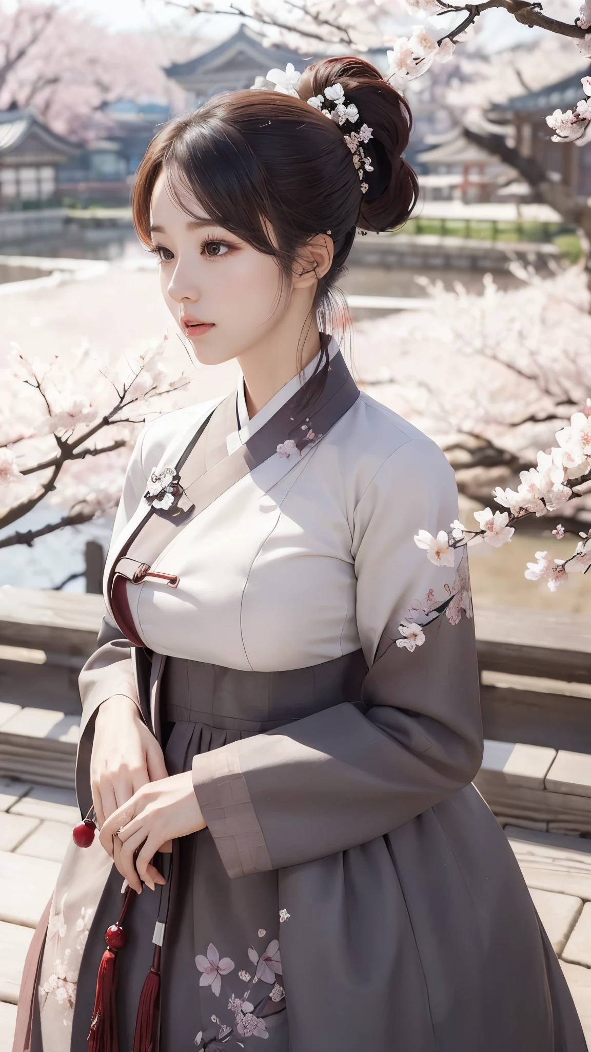 (best quality, 8k, masterpiece: 1.3), ink painting style ((((((extremely giant breasts: 0.8))))), single ponytail, (beautiful face:1.3), Cherry blossoms are in full bloom, full of cherry blossoms, Floating cherry petals, Gorgeous, authentic Korean hanbok