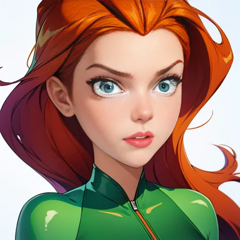 (masterpiece, best quality), face portrait of sam \(totally spies\), orange hair, long hair, green eyes, green body suit, lookin...