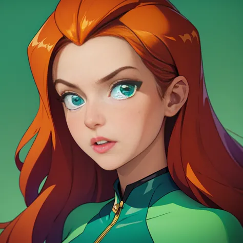 (masterpiece, best quality), face portrait of sam \(totally spies\), orange hair, long hair, green eyes, green body suit, lookin...