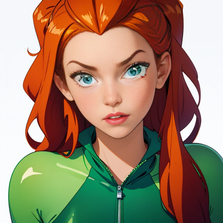 (masterpiece, best quality), face portrait of sam \(totally spies\), orange hair, long hair, green eyes, green body suit, looking at viewer, suspicious expression, (white background)