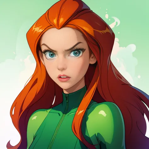 (masterpiece, best quality), face portrait of sam \(totally spies\), orange hair, long hair, green eyes, green body suit, lookin...