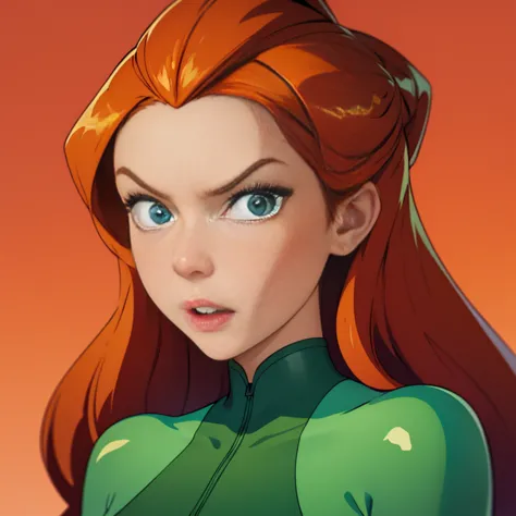 (masterpiece, best quality), face portrait of sam \(totally spies\), orange hair, long hair, green eyes, green body suit, lookin...