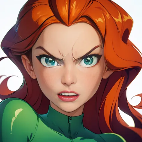 (masterpiece, best quality), face portrait of sam \(totally spies\), orange hair, long hair, green eyes, green body suit, lookin...