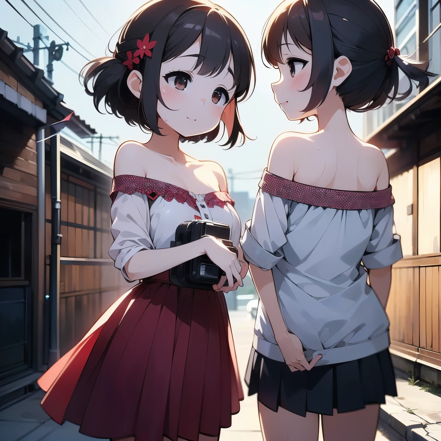 (Two Japanese girlasterpiece, 最high quality, high quality, High precision,Highly detailed 8K wallpaper、Innocent、、back alley、night、深night、Walking through a residential area at night、Walking home at night、(red shoulders、Flushed skin)、(Off-the-shoulder oversized solid shirt、no skirt、No underwear)、（Holding a school bag）、(Listening to music through headphones、Close ~ eyes)、(winter、Low air temperature)、white breath、(Moonlit Night Road、Electric light、blushing face)、Cute daughters、Cute kids、(Chest opening、Sweat running down my chest)、Mojimoji、(embarrassing smile)、defenseless、Cute squid belly、Innocence、cute face、being somewhat excited、cat、thin chest、Tsurupeta、cute face、No modification、thin、Before menarche、（girl、Little daughter、delicate、Feather hair ornament、brown hair、gray hair、slimming、beautiful belly、Cute surprised face）、（girl、wife、daughter、younger sister、Jiu）、Camera from a distance、