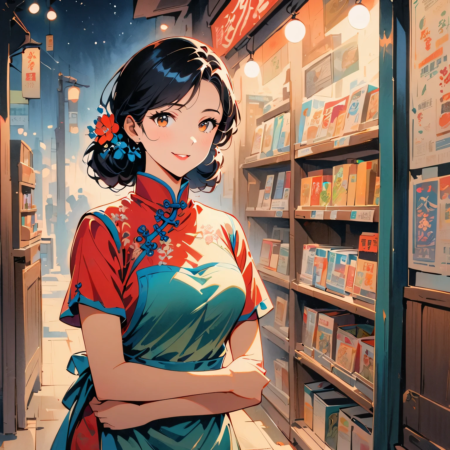 Retro movie style, medium shot, depth of field, midnight，Female convenience store owner，black hair，brown eyes，delicate lips，put on apron，confident smile，Neat appearance，Chinese traditional spring clothing，floral pattern，Standing in a brightly lit convenience store，antique wooden furniture，Elaborately carved decoration，Chinese traditional elements，Instant noodles on the shelf,Refreshing drinks,Magazine,newspaper，Lottery rack，Clean Floor，Creative store decoration，Window stickers，shadow，（best quality，Super fine，Photorealism），traditional media，Immersive Reality，Street view at night，Outdoor Signs，moonlight sky，Defocused lights in the background create a warm and inviting atmosphere