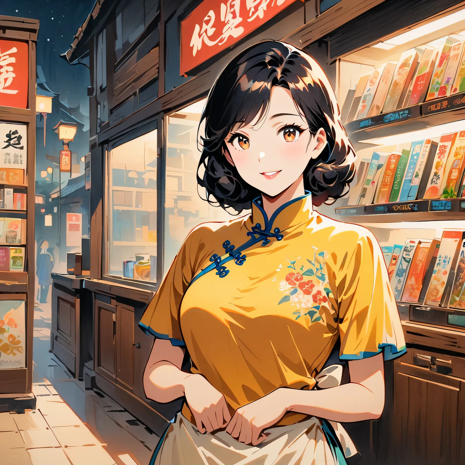 Retro movie style, medium shot, depth of field, midnight，Female convenience store owner，black hair，brown eyes，delicate lips，put on apron，confident smile，Neat appearance，Chinese traditional spring clothing，floral pattern，Standing in a brightly lit convenience store，antique wooden furniture，Elaborately carved decoration，Chinese traditional elements，Instant noodles on the shelf,Refreshing drinks,Magazine,newspaper，Lottery rack，Clean Floor，Creative store decoration，Window stickers，shadow，（best quality，Super fine，Photorealism），traditional media，Immersive Reality，Street view at night，Outdoor Signs，moonlight sky，Defocused lights in the background create a warm and inviting atmosphere