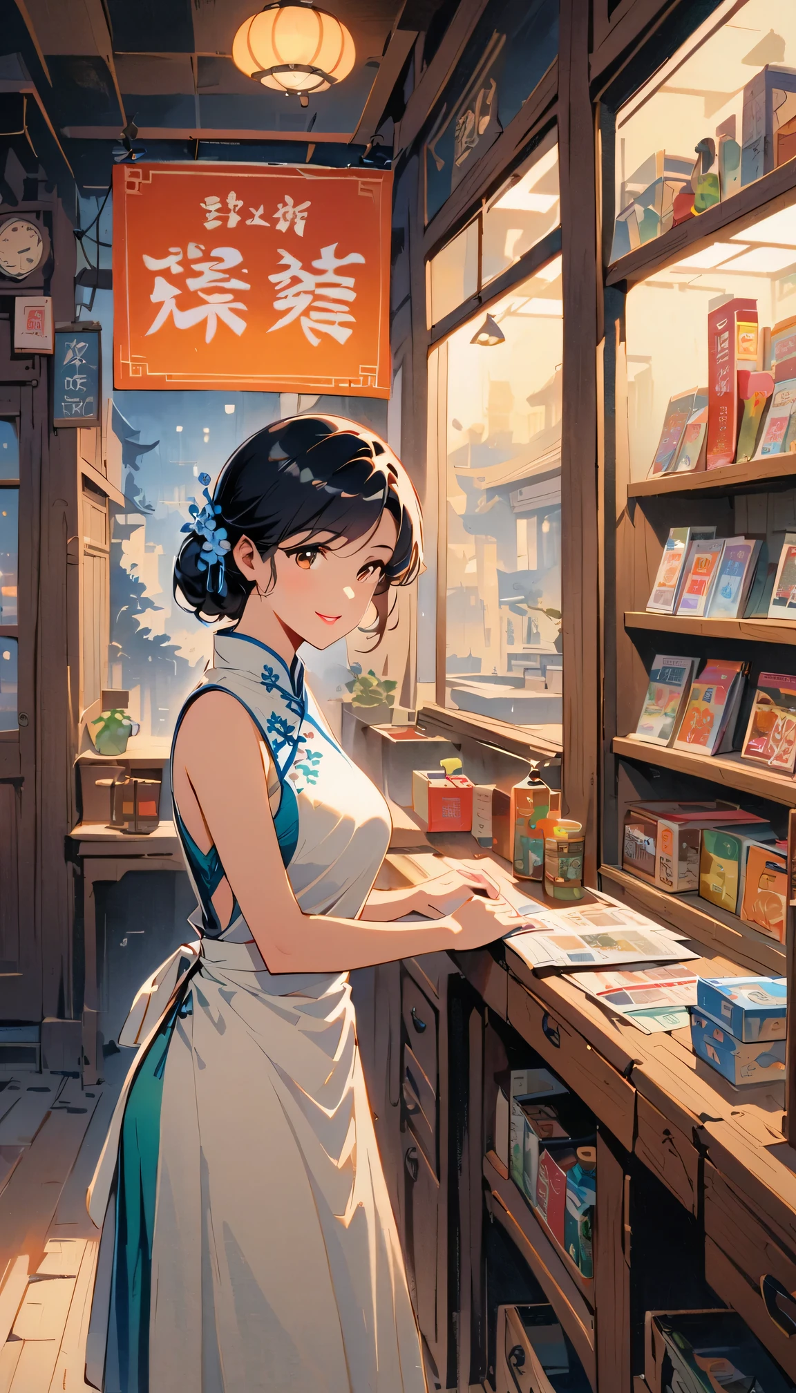 Retro movie style, medium shot, depth of field, midnight，Female convenience store owner，black hair，brown eyes，delicate lips，put on apron，confident smile，Neat appearance，Chinese traditional spring clothing，floral pattern，Standing in a brightly lit convenience store，antique wooden furniture，Elaborately carved decoration，Chinese traditional elements，Instant noodles on the shelf,Refreshing drinks,Magazine,newspaper，Lottery rack，Clean Floor，Creative store decoration，Window stickers，shadow，（best quality，Super fine，Photorealism），traditional media，Immersive Reality，Street view at night，Outdoor Signs，moonlight sky，Defocused lights in the background create a warm and inviting atmosphere