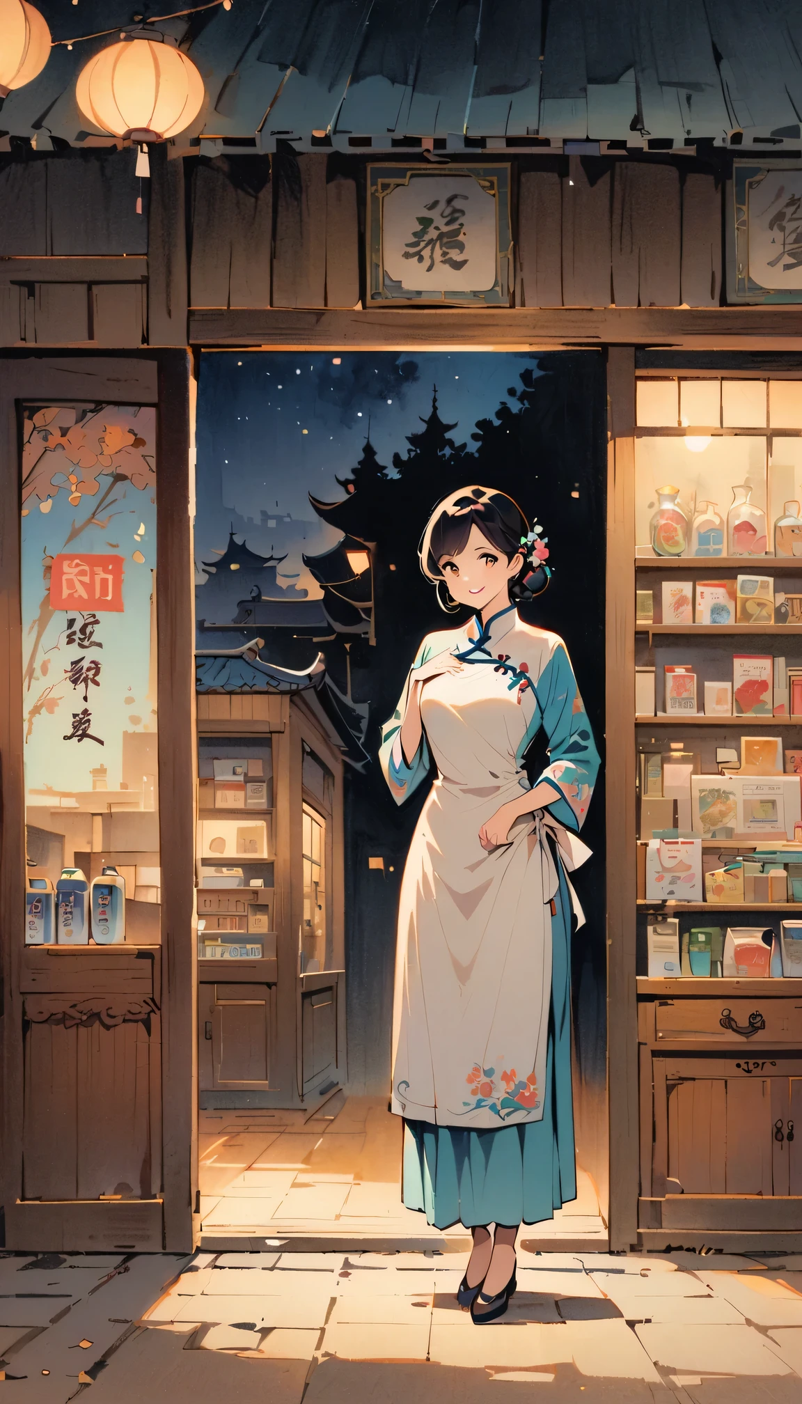 vintage movie, medium shot, depth of field, midnight，Female convenience store owner，black hair，brown eyes，delicate lips，put on apron，confident smile，Neat appearance，Chinese traditional spring clothing，floral pattern，Standing in a brightly lit convenience store，antique wooden furniture，Elaborately carved decoration，Chinese traditional elements，Instant noodles on the shelf,Refreshing drinks,Magazine,newspaper，Lottery rack，Clean Floor，Creative store decoration，Window stickers，shadow，traditional media，Street view at night，Outdoor Signs，moonlight sky，Defocused lights in the background create a warm and inviting atmosphere