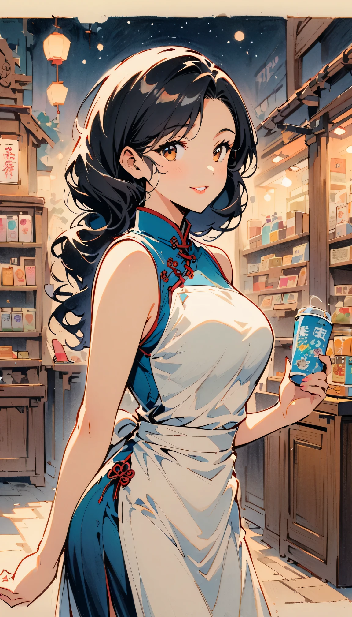 Retro movie style, medium shot, depth of field, midnight，Female convenience store owner，black hair，brown eyes，delicate lips，put on apron，confident smile，Neat appearance，Chinese traditional spring clothing，floral pattern，Standing in a brightly lit convenience store，antique wooden furniture，Elaborately carved decoration，Chinese traditional elements，Instant noodles on the shelf,Refreshing drinks,Magazine,newspaper，Lottery rack，Clean Floor，Creative store decoration，Window stickers，shadow，（best quality，Super fine，Photorealism），traditional media，Immersive Reality，Street view at night，Outdoor Signs，moonlight sky，Defocused lights in the background create a warm and inviting atmosphere