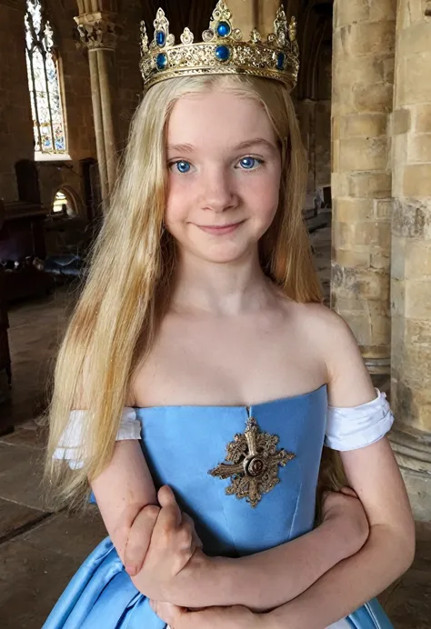 Phone photo, natural look of 12 years old girl, wearing medieval strapless french dress, arms behind head, armpits, natural ligh...