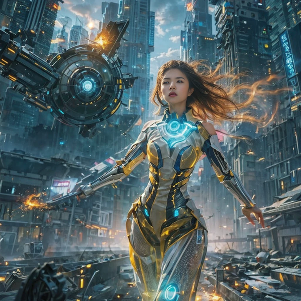 (highest quality、4k、8K、High resolution、masterpiece: 1.2)、Super detailed、(genuine、photogenuineistic、photogenuineistic: 1.37)、Destruction of a Great City、(A woman with telekinesis stands in front of a spaceship controlled by invaders:1.37) 、(Women are young and beautiful、1、unparalleled beauty:1.5)、Insert a mental barrier to resist robot attacks、Vibrant cityscape、bright colors、Shining skyscrapers、Busy Street、Futuristic architecture and technology、Advanced Holographic Displays、Neon light splashes 、dramatic lighting、intense shadow、The awe-inspiring power that women exude、determination in his eyes、Elegant flowing gown、Dynamic action in the wind、Stretch out your arms and lunge towards the robot.、Powerful energy is emitted from the hands.、blue shining aura、sparks of electricity、electricity crackling in the air、A whirlpool of energy surrounding women、A fascinating and surgenuine atmosphere、A sense of danger and impending doom、Background chaos and destruction、Crumbling Building、flying debris、Smoke and flames、 The contrast between beauty and destruction、The battle between technology and the extraordinary power of young women。
