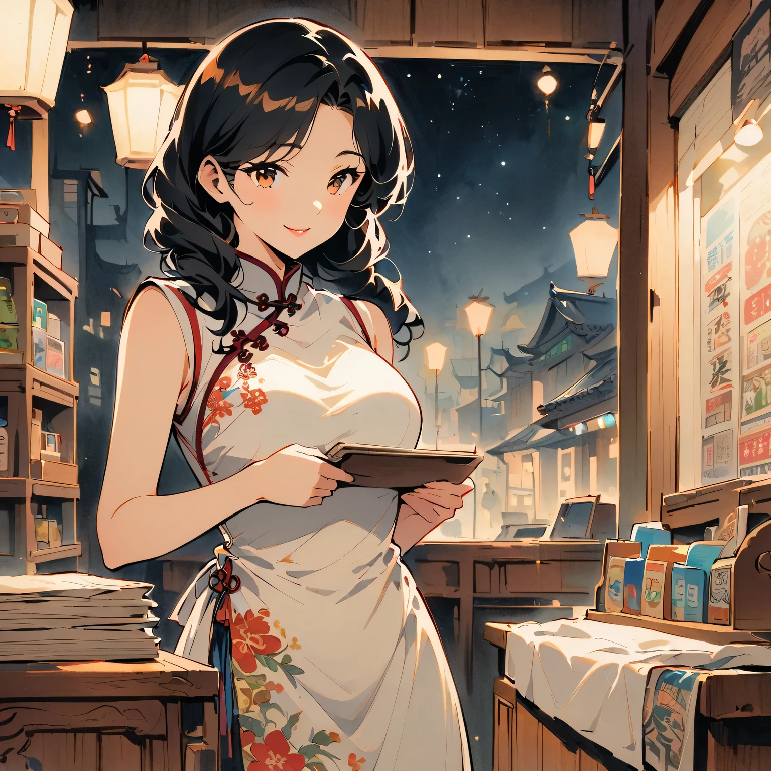 Retro movie style, medium shot, depth of field, midnight，Female convenience store owner，black hair，brown eyes，delicate lips，put on apron，confident smile，Neat appearance，Chinese traditional spring clothing，floral pattern，Standing in a brightly lit convenience store，antique wooden furniture，Elaborately carved decoration，Chinese traditional elements，Instant noodles on the shelf,Refreshing drinks,Magazine,newspaper，Lottery rack，Clean Floor，Creative store decoration，Window stickers，shadow，（best quality，Super fine，Photorealism），traditional media，Immersive Reality，Street view at night，Outdoor Signs，moonlight sky，Defocused lights in the background create a warm and inviting atmosphere