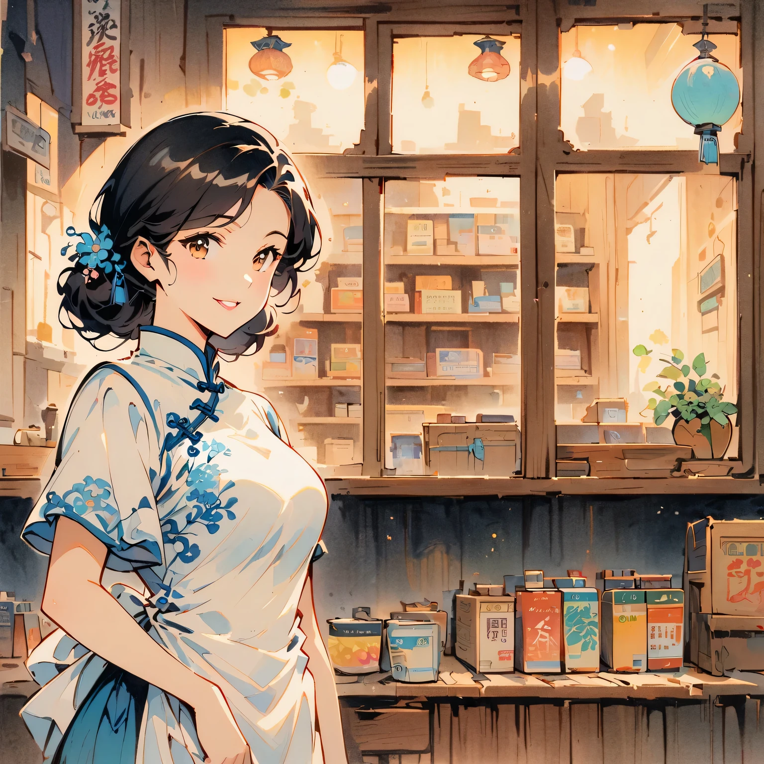 Retro movie style, medium shot, depth of field, midnight，Female convenience store owner，black hair，brown eyes，delicate lips，put on apron，confident smile，Neat appearance，Chinese traditional spring clothing，floral pattern，Standing in a brightly lit convenience store，antique wooden furniture，Elaborately carved decoration，Chinese traditional elements，Instant noodles on the shelf,Refreshing drinks,Magazine,newspaper，Lottery rack，Clean Floor，Creative store decoration，Window stickers，shadow，（best quality，Super fine，Photorealism），traditional media，Immersive Reality，Street view at night，Outdoor Signs，moonlight sky，Defocused lights in the background create a warm and inviting atmosphere