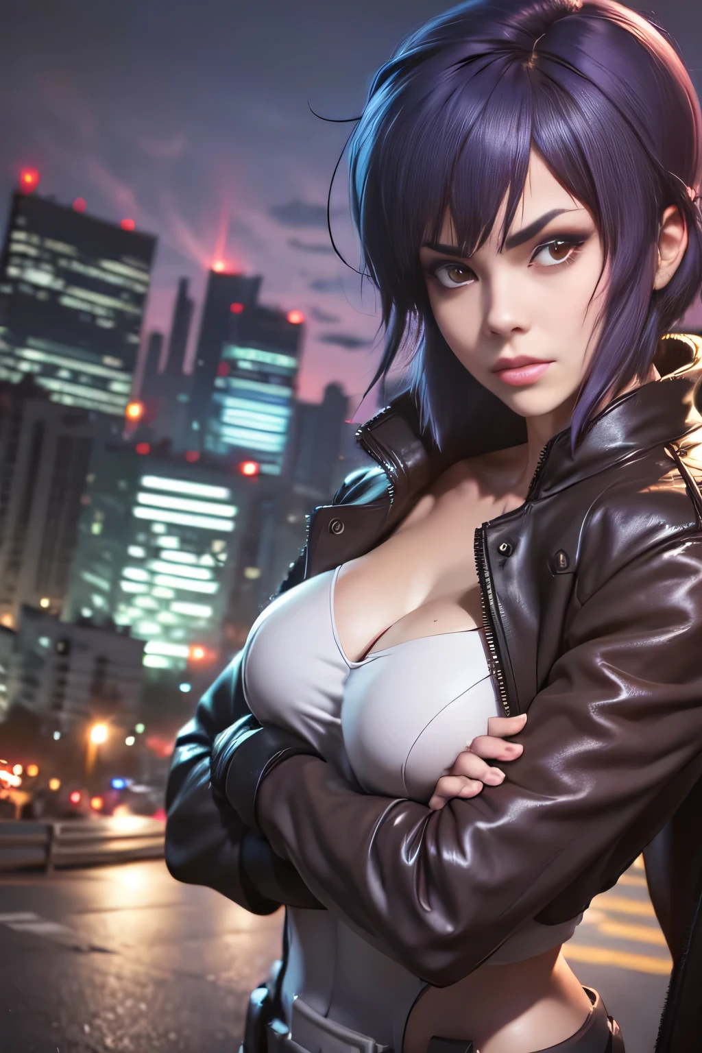 motoko kusanagi,  Beautiful woman in anime style, thin, skinny, medium breasts, Thin waist, (masterpiece, highest quality:1.2), cowboy shot, only, 1 female, No expression, closed mouth, looking at the viewer, crossed arms, Jacket, Leotardo, Thigh Jump, gloves, neckline, highest quality, High resolution, Realistic hand, fine hands, holding a gun,Shoot around, beautiful red eyes, shining eyes, Big eyes, epic background,City Street Lights, At night, road, Great light,night background,hold a gun, Animated Eyes,Giant Eyes, beautiful eyes, anime eyes,Died、Together with Tachikoma