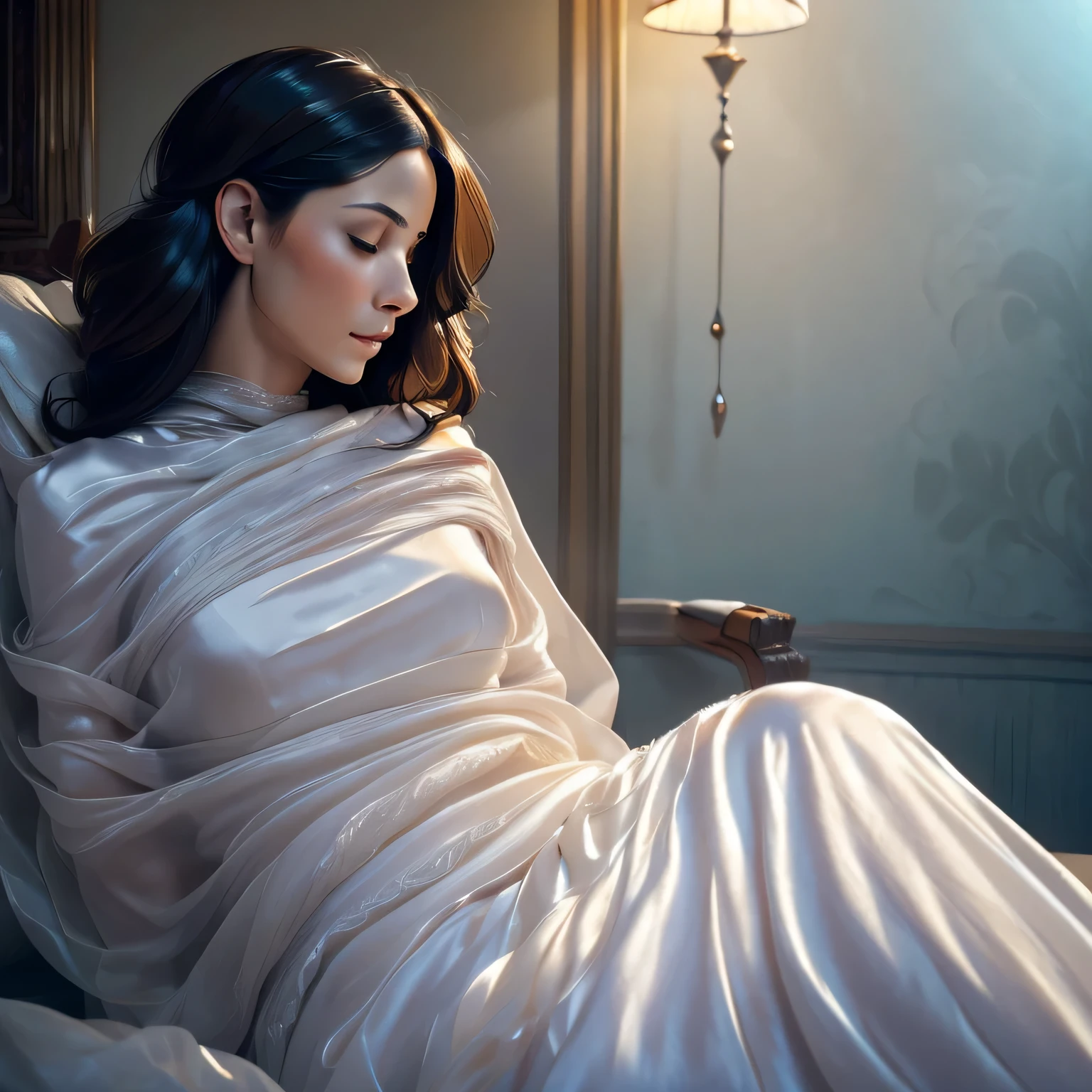 (a beautiful woman in the silk sack, mummified),oil painting,delicate brushstrokes,a serene expression,graceful posture,light streaming through the fabric,ethereal atmosphere,detailed folds and textures,subtle color palette,subdued lighting,high contrast,photorealistic,soft focus,hauntingly beautiful,finely crafted features,elegant and mysterious,surreal backdrop,impeccable attention to detail,lifelike eyes and lips,fine lines and wrinkles,meticulous composition,elegantly draped fabric,silk threads shining,underlying sense of peace and tranquility,dreamlike quality,subtle hints of decay,submerged in calmness,vivid portrayal of emotion,Ancient Egyptian inspiration,masterpiece:1.2,emotional depth,ethereal beauty