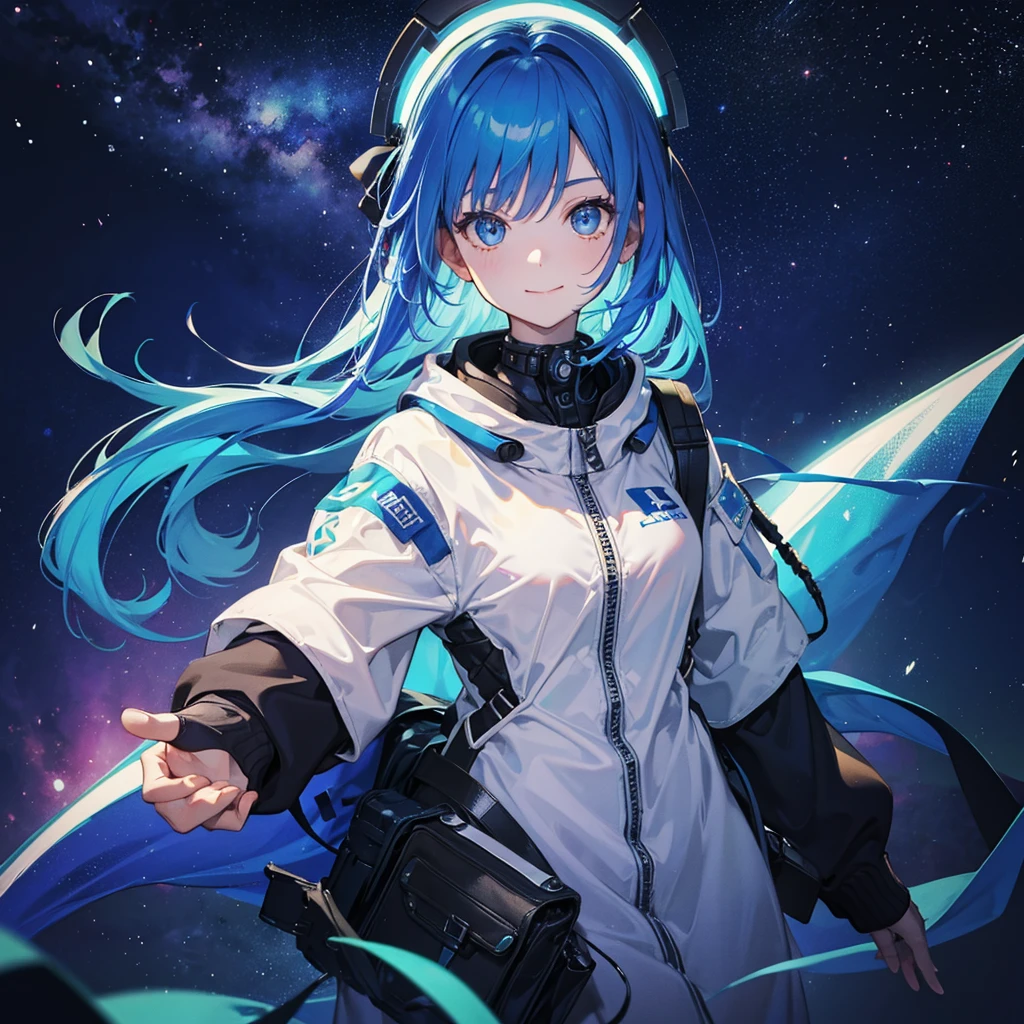 1 girl,Eyes are constellations,blue hair,spaceship,Spacesuit,long hair,Upper body,smile