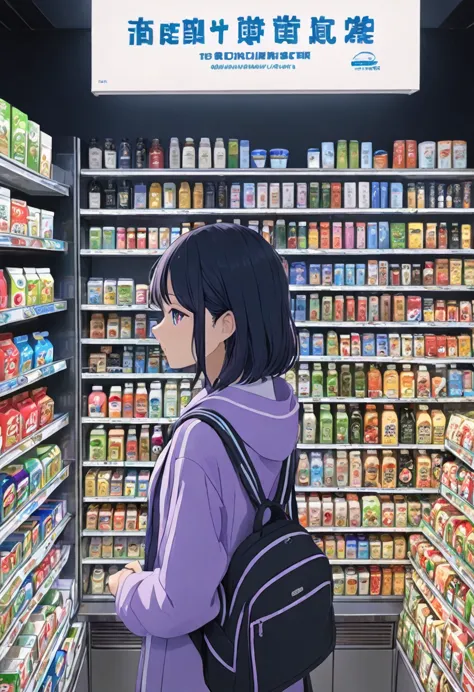 1girl, midnight convenience store, family mart, neon night page,vibrant city lights, dimly lit shelves full of snacks and drinks...