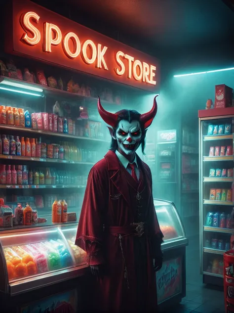 (1Cute Devil Clerk)，(Spooky midnight convenience store:1.6)，Arrange the goods，Thick fog pervades，Neon lights，Detailed convenienc...