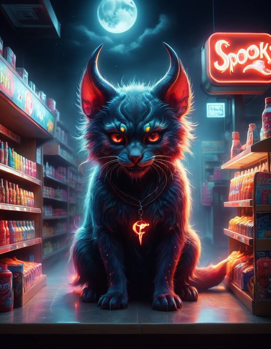 (1Cute Devil Clerk)，(Spooky midnight convenience store:1.6)，Arrange the goods，Thick fog pervades，Neon lights，Detailed convenience store interior，Mood lighting，Gloomy tones，dramatic shadows，Demon traits，Long claws，fangs，glowing eyes，shabby clothes，Stand behind the counter，dark fantasy，fear，highest quality，8k，high resolution，(master level:1.2)，Super details，Realistic，(Photorealism:1.3)