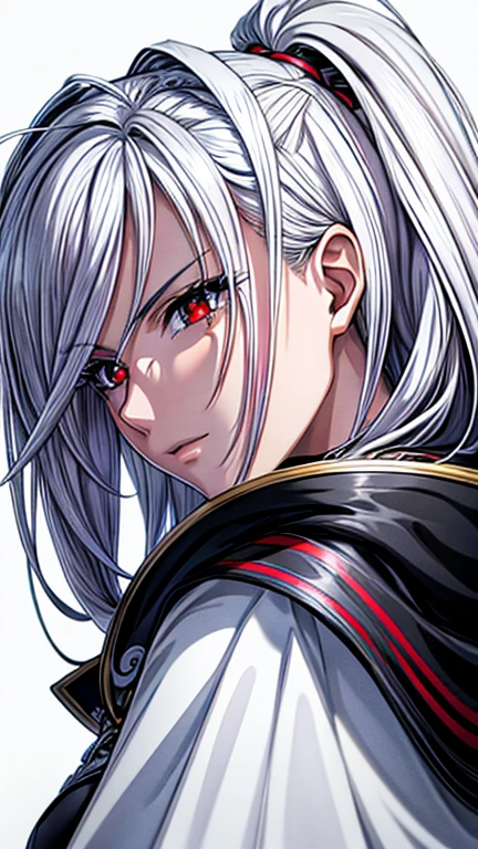 (masterpiece, best quality, ultra-detailed, highres, illustration:0.8), extremely detailed wallpaper, official art, amazing, high detail, ultra-detailed, extremely detailed 8k wallpaper,closed full body, bright silver hair, red eyes with slit pupils, (white background: 1.3), (1girl, solo),(black cloak),sexy,perfect anatomy,beautiful face, back figure, looking back, 