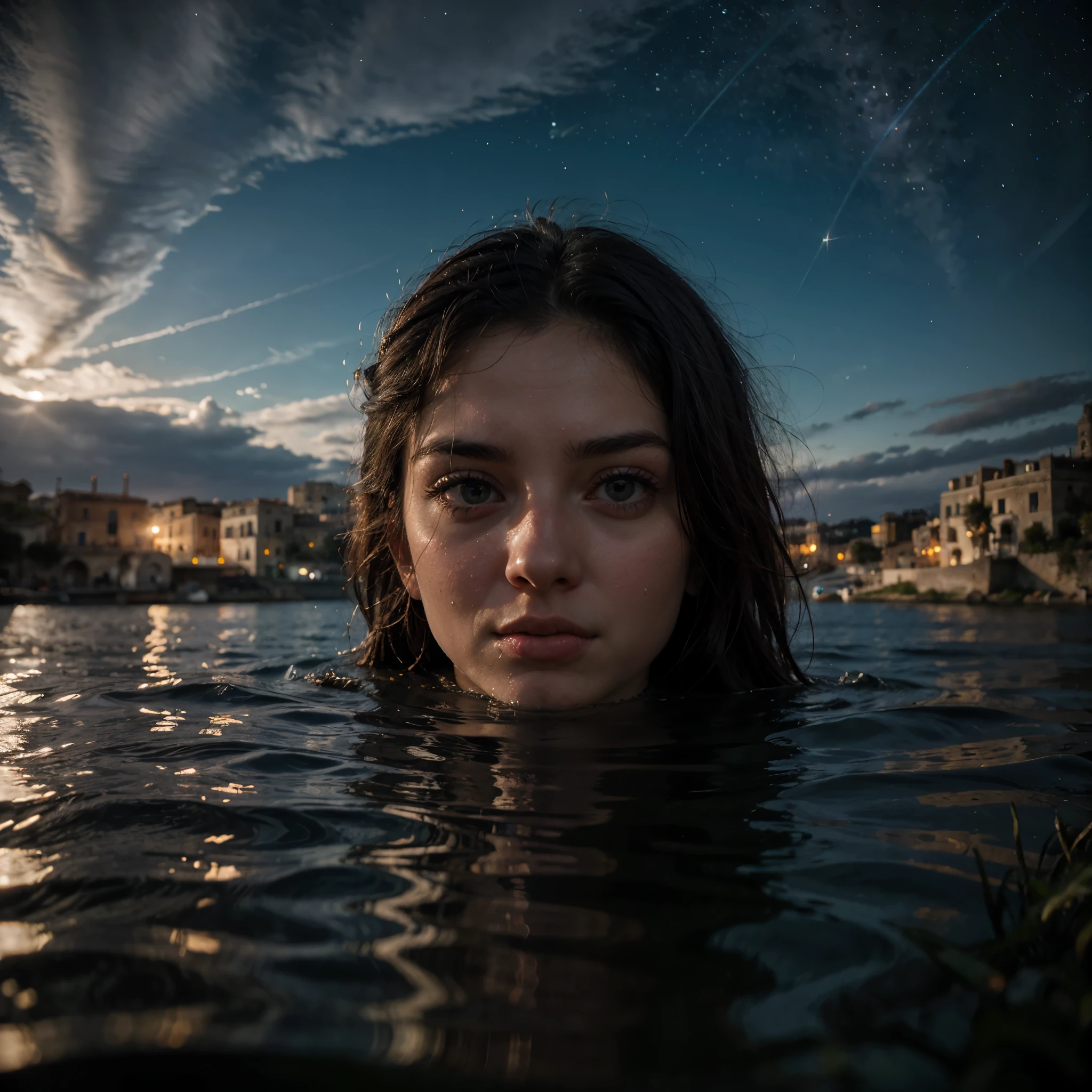 Un ojo gigante emerge de las aguas de un lago en la ciudad de Matera., (piedras_De_matera). El reflejo en el agua es un espectáculo real.. El ojo emerge de las aguas durante una noche estrellada, alta calidad, Iluminación realista, Centro de la imagen, (un ojo gigante se refleja en el agua), superficie de agua clara y tranquila, cielo estrellado, piedras_De_matera en el fondo, (el ojo se refleja perfectamente en el agua), (reflejos perfectos)