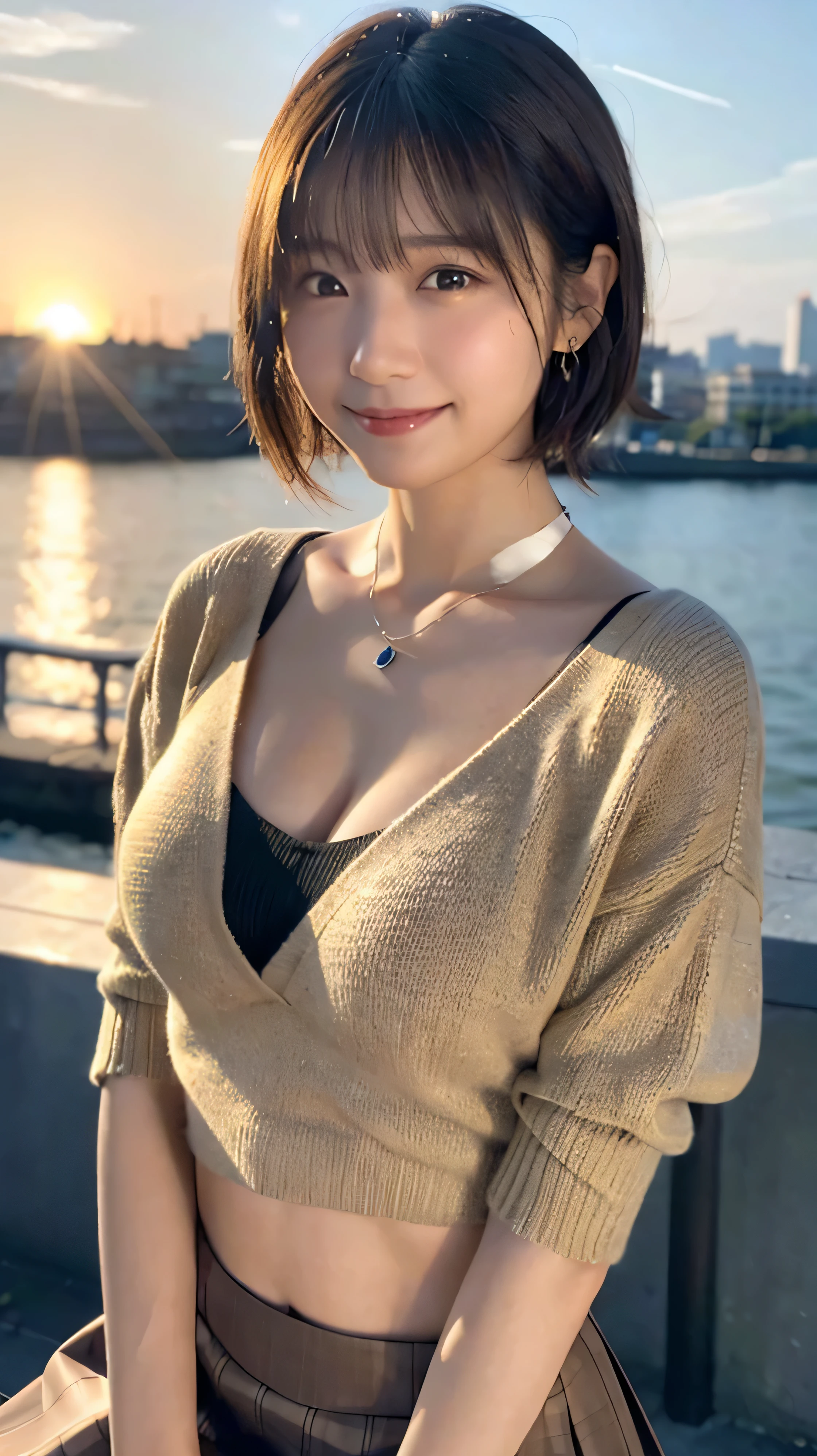 (highest quality,masterpiece:1.3,ultra high resolution),(Super detailed,caustics,8K),(realistic:1.4,RAW shooting),18-year-old,cute,Japanese,Short brown hair with outward curls,(Beige summer knitwear),(smile),look up at the camera、(Short brown skirt),blue sky,sun,Backlight,(coastline),(sunset、sunset:1.1),,(Photographed from the waist up),(face focus),(close up face),(High Situation:1.3),(high angle:1.3),Natural light 、Embarrassed smile、parted bangs、big breasts、With small earrings、silver necklace、((G cup、big breasts))、Embarrassed smile、((Camera angle is diagonal:1.2))、Today I came to the port town.、Head tilt gesture